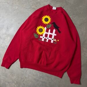 Vintage Pro Spirit Sunflower Crow Sweatshirt Mens XLT Red Cottagecore 90s USA